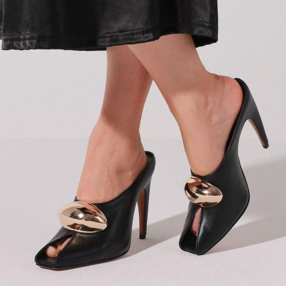 Y2K Metal Decoration Stiletto High Heels Slingback Pumps For Women Solid Peep Toe Slip On Mules Party Dress Sexy Fashion Shoes