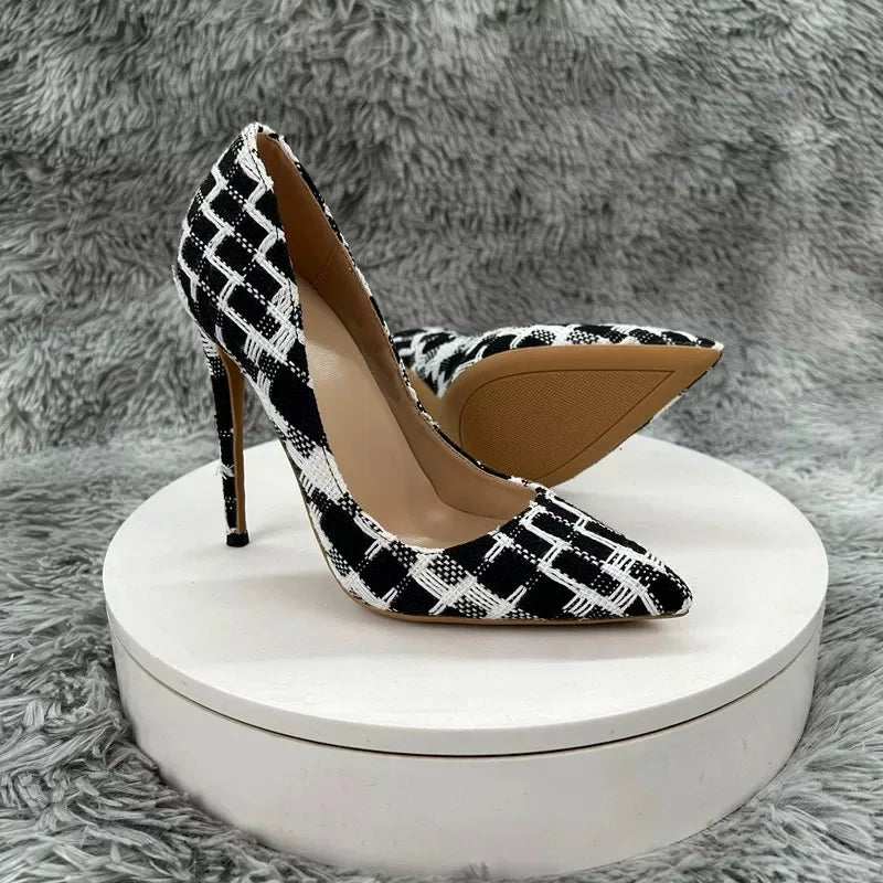 New Elegant Women Pumps 12CM 10CM 8CM Super High Heels Single Shoes Plaid Pattern Pointy Toe Shallow Mouth Commuting Lady