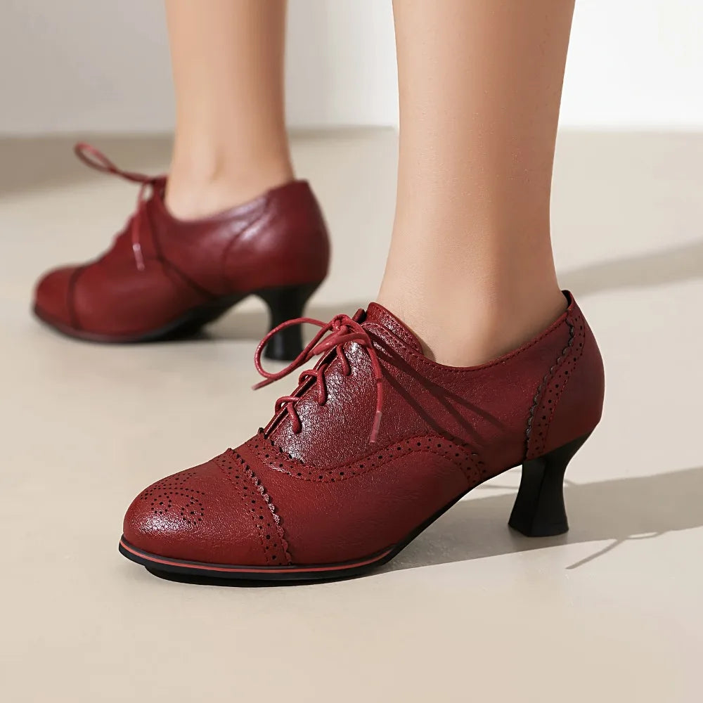 Women's Heels Oxford Pumps Closed Round Toe Chunky High Lace Up Victorian Style Brogues Pumps Comfortable Heels for Women
