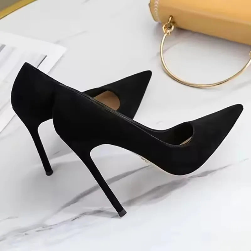 New Fashion Women's Shoes Sexy Black High Heels Sharp Pointed Suede Pumps Elegant Shallow Mouth Etiquette Shoes Mujer Zapatos