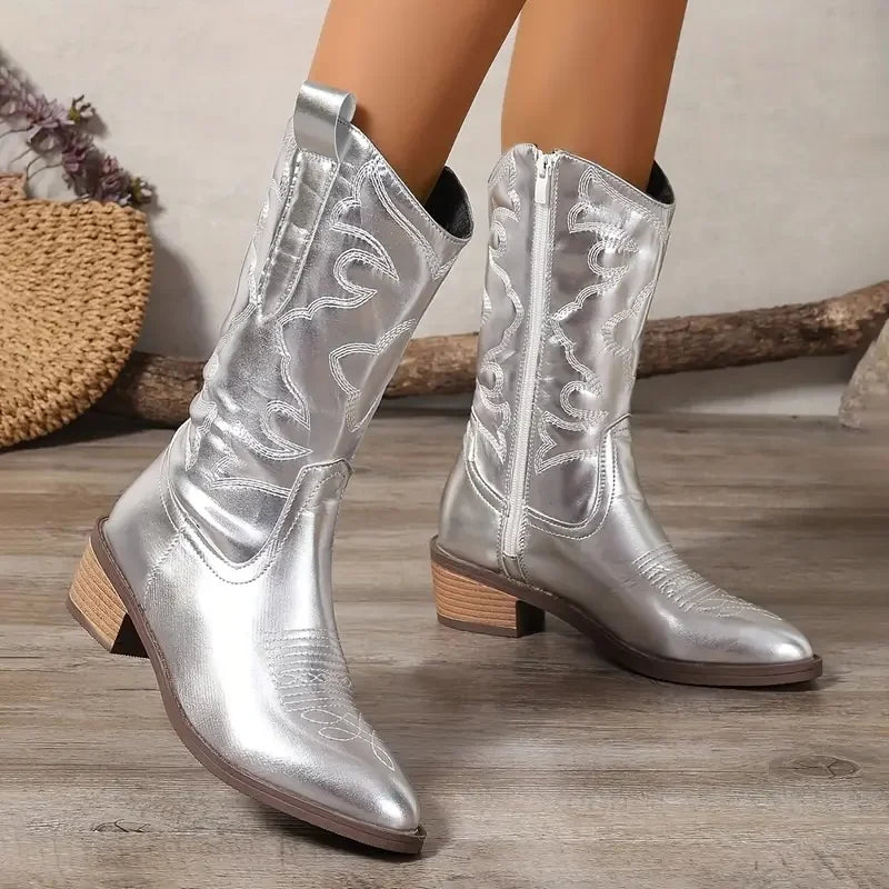 Women's Vintage Embroidered Cowboy Boots - Mid Calf Winter Western Boots with Pointed Toe & Heel | Warm Lined, Festive Style | F