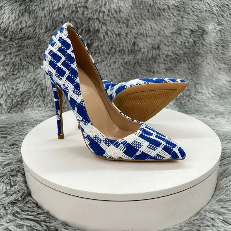 New Elegant Women Pumps 12CM 10CM 8CM Super High Heels Single Shoes Plaid Pattern Pointy Toe Shallow Mouth Commuting Lady